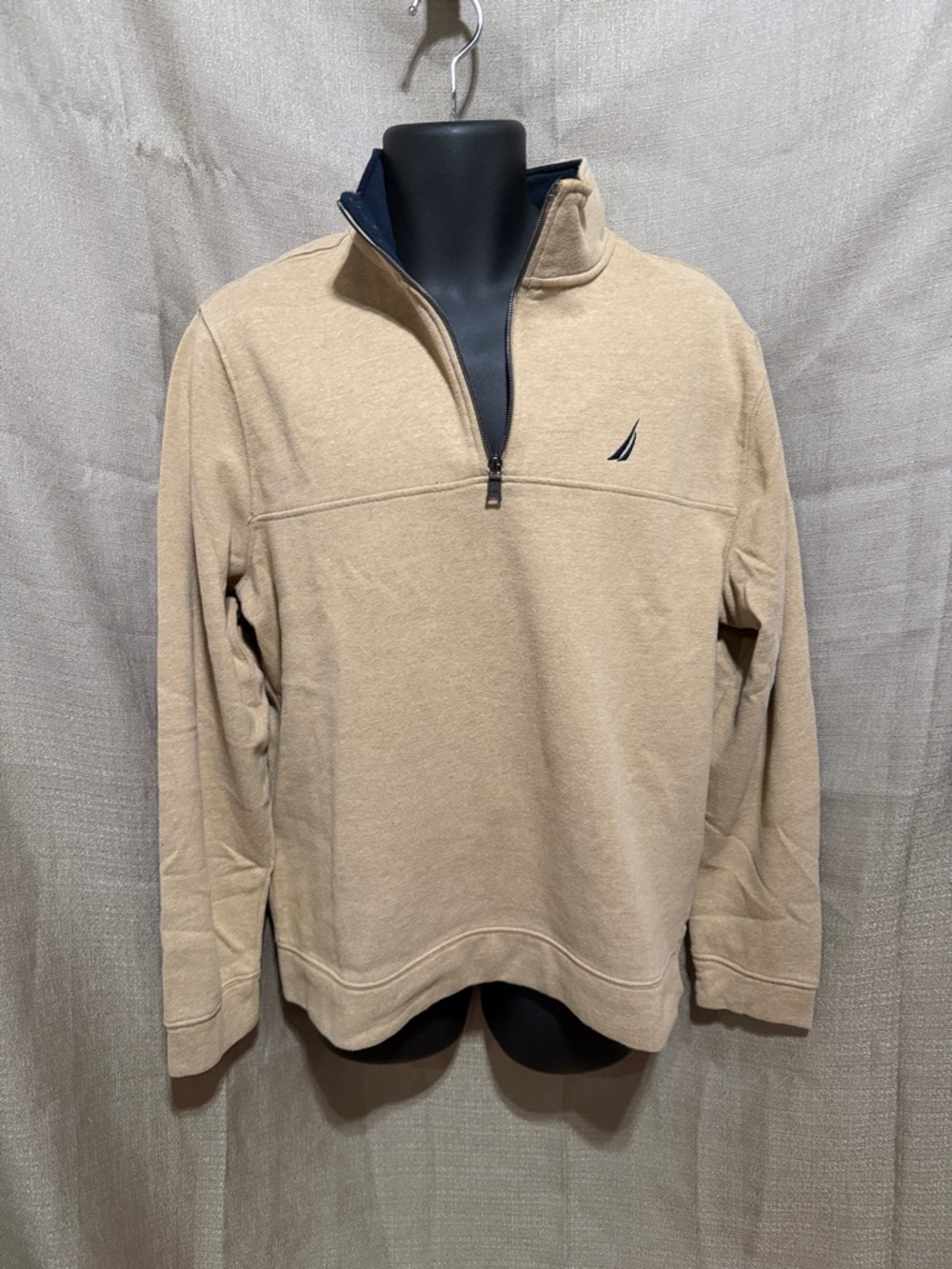 Nautica Men's Tan Half-Zip Pullover with Navy Trim